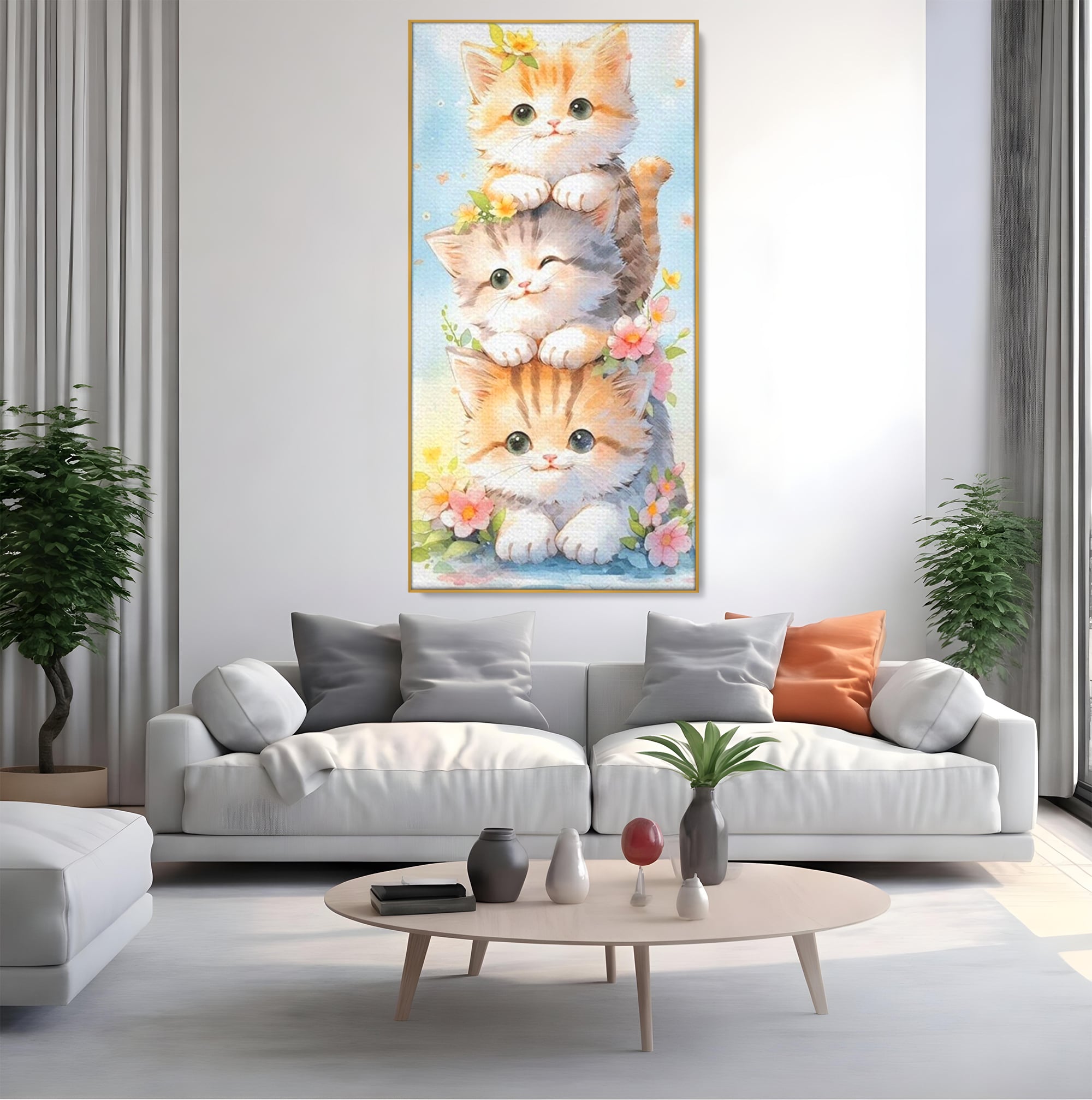 Tablou canvas cu turn vertical cu trei pisicute pufoase, in rama de aluminiu auriu, pe perete intr-un living